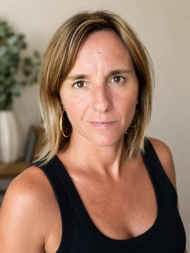 Portrait de Caroline Senges, thérapeute somatique, en débardeur noir, regard direct, devant un mur clair et une plante.